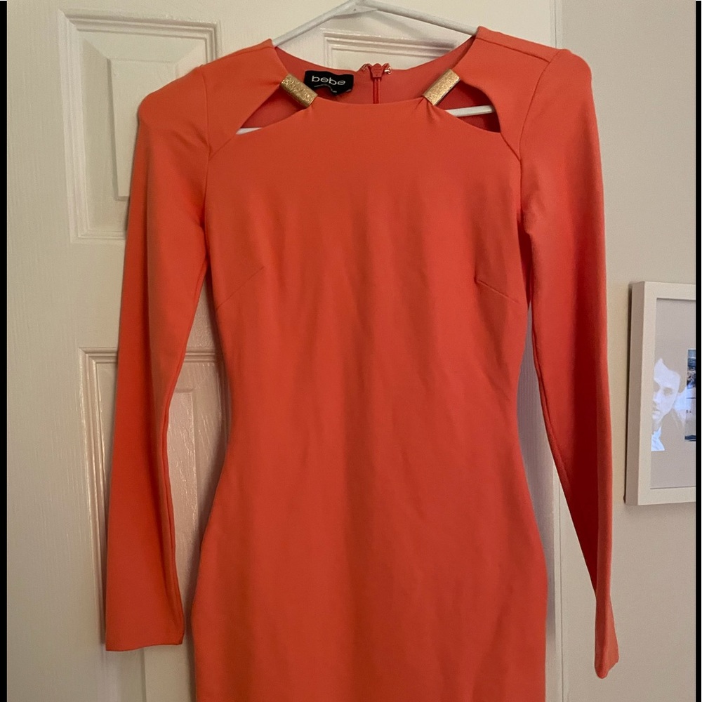 A beautiful coral mini form fitting dress.  Zip up in back.